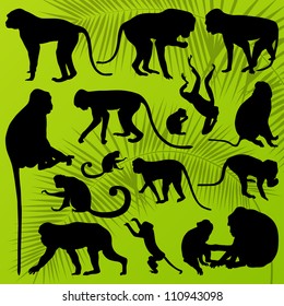 Monkey, ape and chimpanzee detailed silhouettes illustration collection background vector