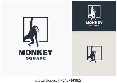 Monkey Ape Chimpanzee Silhouette Hanging Square Frame Simple Flat Logo Design