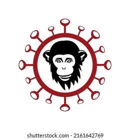 Monkey ape icon in red virus molecular- symbol of danger and alertness. Monkeypox virus concept in simple flat style isolated on white background. Vector illustration 