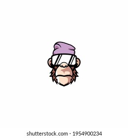 monkey ape in a knitted hat and sunglasses logo vector illustration