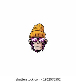 monkey ape in a knitted hat and sunglasses logo vector illustration, 
Cute monkey with glasses logo vector illustration, cool ape logo design