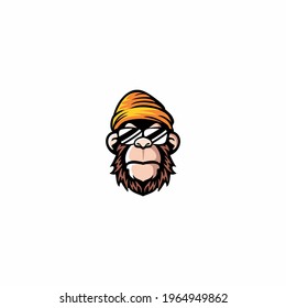 monkey ape in a knitted hat and sunglasses logo vector illustration, 
Cute monkey with glasses logo vector illustration, cool ape logo design