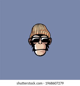 monkey ape in a knitted hat and sunglasses logo vector illustration
