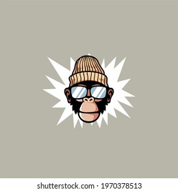 monkey ape in a knitted hat and sunglasses logo vector illustration, 
Cute monkey with glasses logo vector illustration, cool ape logo design