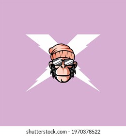 monkey ape in a knitted hat and sunglasses logo vector illustration, 
Cute monkey with glasses logo vector illustration, cool ape logo design