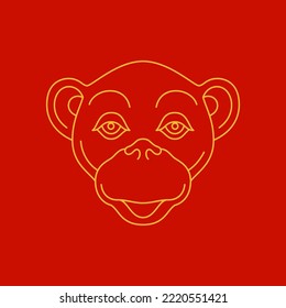 Monkey ape muzzle Chinese New Year golden monochrome line icon vector illustration. Chimpanzee primate head portrait Asian culture prosperity symbol Oriental holiday astrology zodiac emblem logo