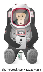 Monkey, Ape with tablet and coffee cup