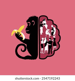monkey art drawing with brain and banana colorful line art illustration