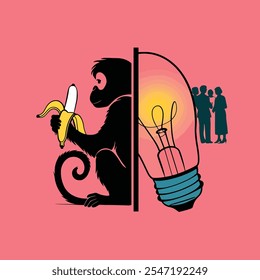 monkey art drawing with brain and banana colorful line art illustration