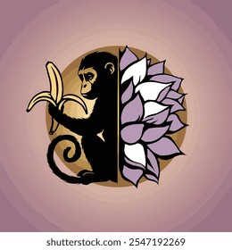 monkey art drawing with brain and banana colorful line art illustration