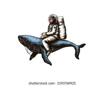 Monkey astronaut with blue whale. Funny Chimpanzee spaceman cosmonaut character. Astronomical galaxy space. Hand drawn Engraved old monochrome sketch. Vector illustration for t-shirt, tattoo 