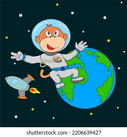 Monkey astronaut flying on the space with earth and rocket background