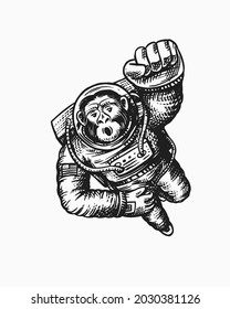 Monkey astronaut flying up. Chimpanzee spaceman character. Astronomical galaxy space. Funny cosmonaut explore adventure. Hand drawn Engraved old monochrome sketch. Vector illustration for t-shirt 