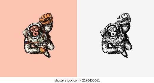 Monkey astronaut flying up. Chimpanzee spaceman character. Astronomical galaxy space. Funny cosmonaut explore adventure. Hand drawn Engraved old monochrome sketch. Vector illustration for t-shirt 