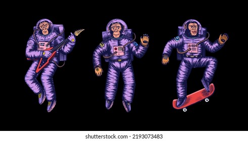 Monkey astronaut with guitar, skateboard. Chimpanzee spaceman cosmonaut characters set. Astronomical galaxy space. Funny cosmonaut explore adventure.Hand drawn old sketch line