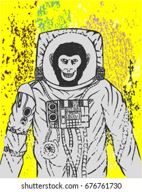 Monkey astronaut , hand drawn, with background, vector art