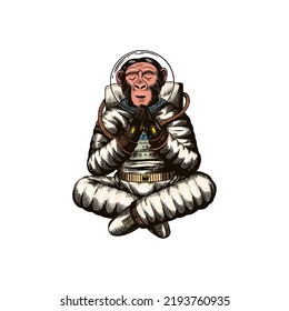 Monkey astronaut meditates in a yoga pose. Chimpanzee spaceman cosmonaut character. Fashionable animal. Hand drawn Engraved old monochrome sketch. Vector illustration for t-shirt, tattoo 