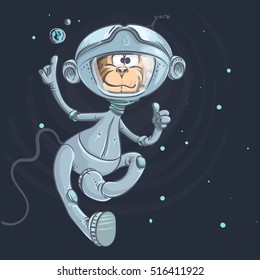 Monkey astronaut on a stars background, finger points to the ground, thumbs up, vector illustrations in cartoon style