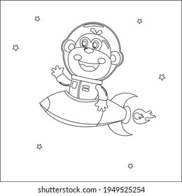 Monkey astronaut play with his rocket. Animal in outer space. Vector hand-drawn coloring children's illustration. Creative vector Childish design for kids activity colouring book or page.