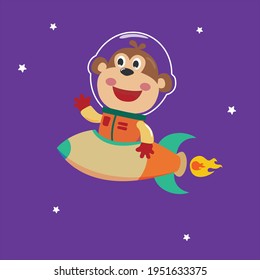 Monkey astronaut play with his rocket. Animal in outer space. Vector hand-drawn color children's illustration background for fabric, textile, nursery wallpaper, poster, card. and other decoration.