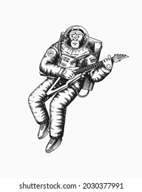 Monkey astronaut plays the electric guitar. Chimpanzee spaceman cosmonaut character. Fashionable animal. Hand drawn Engraved old monochrome sketch. Vector illustration for t-shirt, tattoo 