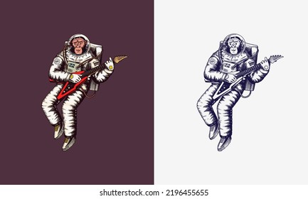 Monkey astronaut plays the electric guitar. Chimpanzee spaceman cosmonaut character. Fashionable animal. Hand drawn Engraved old monochrome sketch. Vector illustration for t-shirt, tattoo 