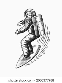 Monkey astronaut rides a surf board.. Chimpanzee spaceman surfrider. Cosmonaut character. Fashionable animal. Hand drawn old monochrome sketch line. Vector illustration for t-shirt, tattoo 