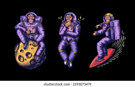 Monkey astronaut with skateboard and moon. Chimpanzee spaceman cosmonaut characters set. Astronomical galaxy space. Funny cosmonaut explore adventure.Hand drawn old sketch line