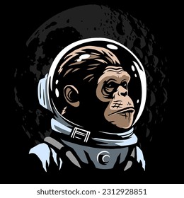 A monkey astronaut in a spacesuit with a helmet stands against the moon. Chimpanzee astronaut.