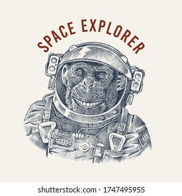 Monkey astronaut in a spacesuit label. Chimpanzee Spaceman dressed in Suit. Fashion Animal character. Hand drawn sketch. Vector engraved illustration for T-shirts or tattoo.