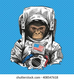 Monkey In Astronaut Suit. Hand Drawn Vector Illustration