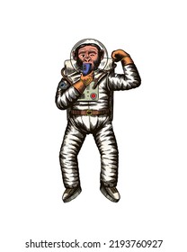 Monkey astronaut takes selfies and plays with muscles.. Chimpanzee spaceman cosmonaut character. Fashionable animal. Hand drawn Engraved old monochrome sketch. Vector illustration for t-shirt