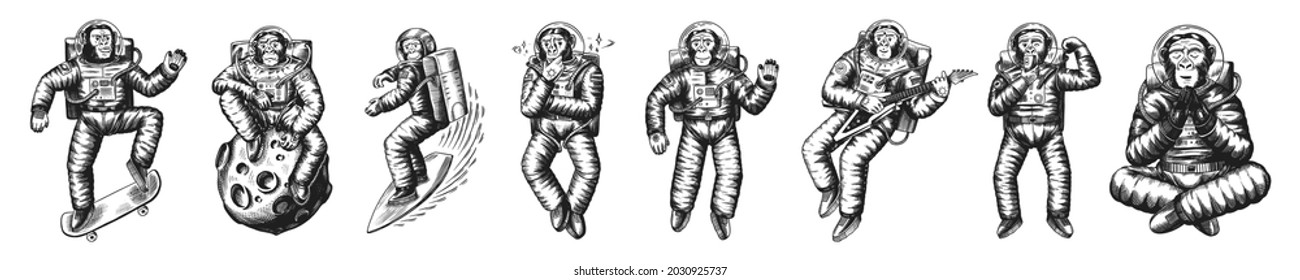 Monkey astronaut with whale, guitar, skateboard and moon. Chimpanzee spaceman cosmonaut characters set. Astronomical galaxy space. Funny cosmonaut explore adventure.Hand drawn old sketch line