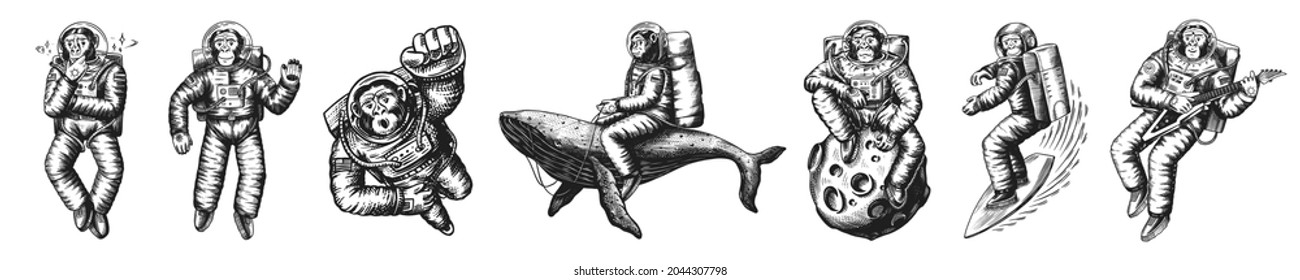 Monkey astronaut with whale, guitar, skateboard and moon. Chimpanzee spaceman cosmonaut characters set. Astronomical galaxy space. Funny cosmonaut explore adventure.Hand drawn old sketch line