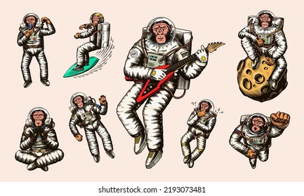 Monkey astronaut with whale, guitar, skateboard and moon. Chimpanzee spaceman cosmonaut characters set. Astronomical galaxy space. Funny cosmonaut explore adventure.Hand drawn old sketch line