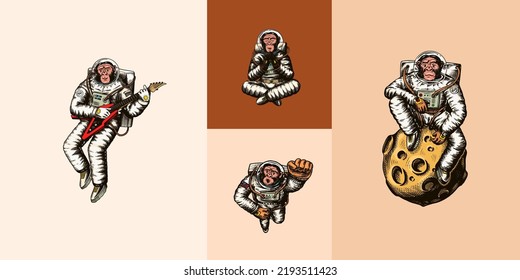 Monkey astronaut with whale, guitar, skateboard and moon. Chimpanzee spaceman cosmonaut characters set. Astronomical galaxy space. Funny cosmonaut explore adventure.Hand drawn old sketch line