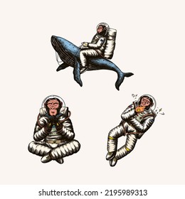 Monkey astronaut with whale, guitar, skateboard and moon. Chimpanzee spaceman cosmonaut characters set. Astronomical galaxy space. Funny cosmonaut explore adventure.Hand drawn old sketch line