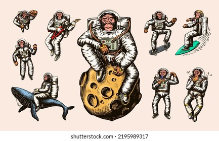 Monkey astronaut with whale, guitar, skateboard and moon. Chimpanzee spaceman cosmonaut characters set. Astronomical galaxy space. Funny cosmonaut explore adventure.Hand drawn old sketch line