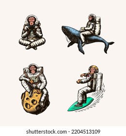 Monkey astronaut with whale, guitar, skateboard and moon. Chimpanzee spaceman cosmonaut characters set. Astronomical galaxy space. Funny cosmonaut explore adventure.Hand drawn old sketch line