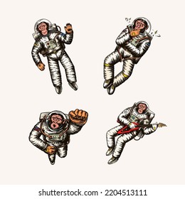 Monkey astronaut with whale, guitar, skateboard and moon. Chimpanzee spaceman cosmonaut characters set. Astronomical galaxy space. Funny cosmonaut explore adventure.Hand drawn old sketch line
