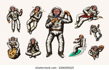 Monkey astronaut with whale, guitar, skateboard and moon. Chimpanzee spaceman cosmonaut characters set. Astronomical galaxy space. Funny cosmonaut explore adventure.Hand drawn old sketch line