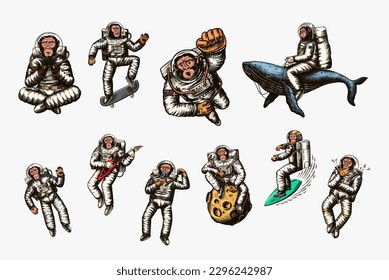 Monkey astronaut with whale, guitar, skateboard and moon. Chimpanzee spaceman cosmonaut characters set. Astronomical galaxy space. Funny cosmonaut explore adventure.Hand drawn old sketch line