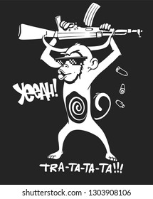 Monkey with auomatic rifle - Vector print design.