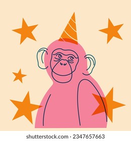 Monkey. Avatar, badge, poster, logo templates, print. Vector illustration in flat cartoon style with Riso print effect.
