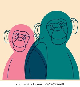 Monkey. Avatar, badge, poster, logo templates, print. Vector illustration in flat cartoon style with Riso print effect.