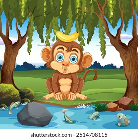 Monkey balancing banana near river with fish