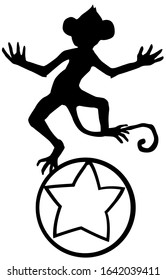Monkey balancing on the ball, cartoon character black silhouette, vector illustration, horizontal, isolated, over white
