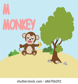 monkey with banana for alphabet. vector cartoon illustration