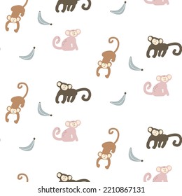 Monkey banana baby seamless pattern, kid apes pink background for clothes design print textile design