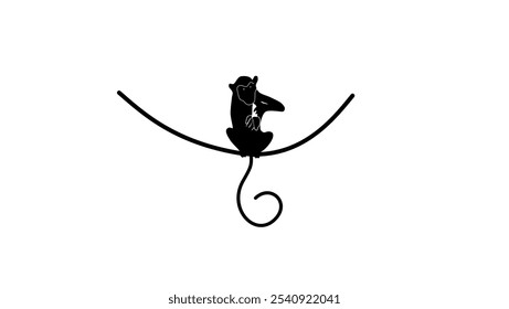 monkey with banana, black isolated silhouette